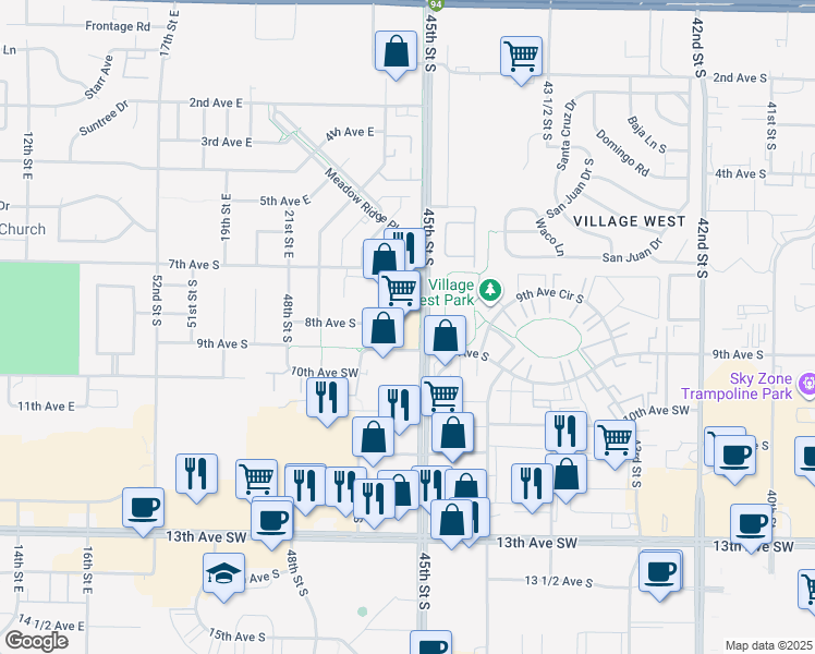map of restaurants, bars, coffee shops, grocery stores, and more near 855 45th St S in Fargo