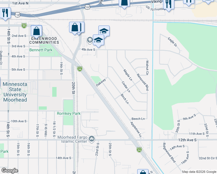 map of restaurants, bars, coffee shops, grocery stores, and more near 514 Appletree Lane in Moorhead