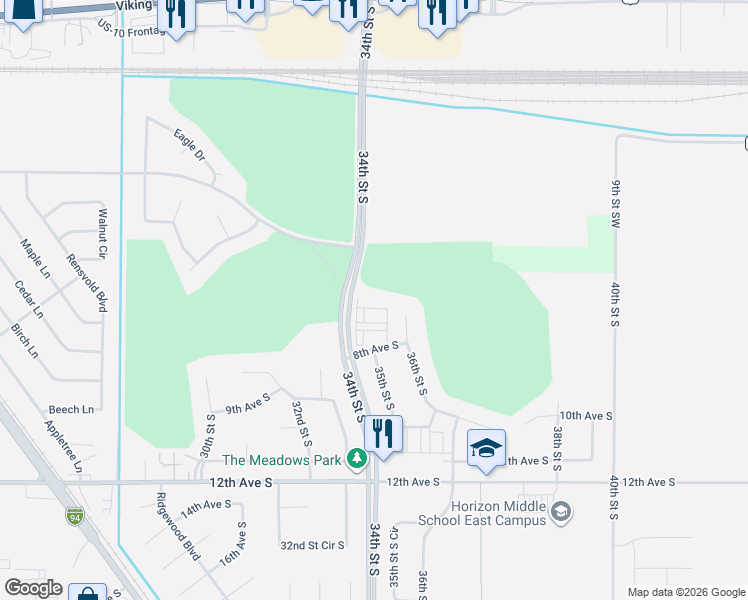map of restaurants, bars, coffee shops, grocery stores, and more near 3550 8th Avenue South in Moorhead