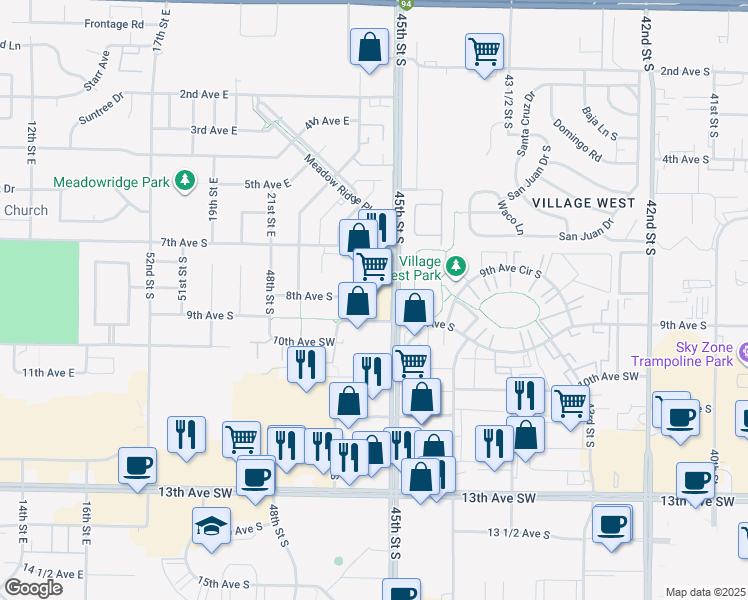 map of restaurants, bars, coffee shops, grocery stores, and more near 855 45th Street South in Fargo