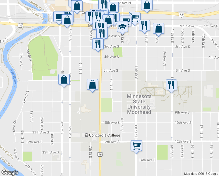 map of restaurants, bars, coffee shops, grocery stores, and more near 617 9th Street South in Moorhead