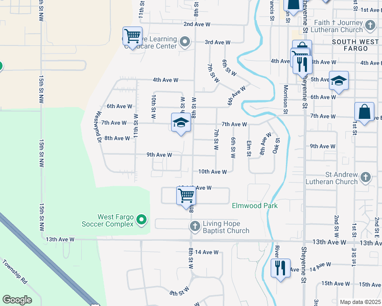 map of restaurants, bars, coffee shops, grocery stores, and more near 801 8th Street West in West Fargo