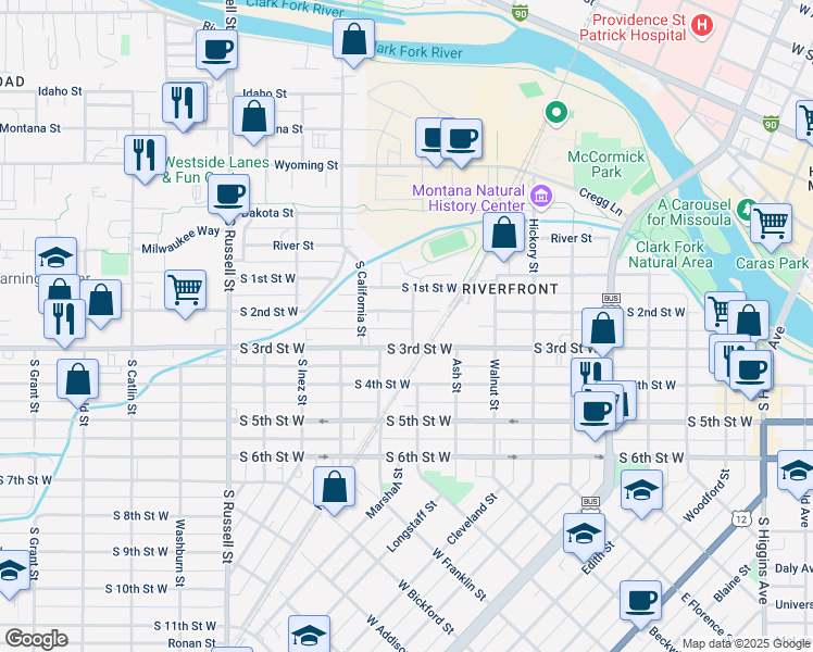 map of restaurants, bars, coffee shops, grocery stores, and more near 413 Oak Street in Missoula