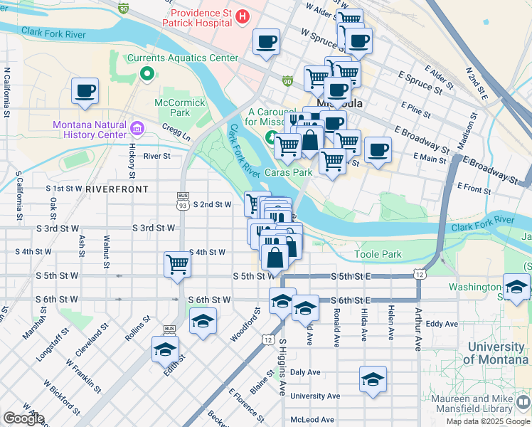 map of restaurants, bars, coffee shops, grocery stores, and more near 250 Station Drive in Missoula
