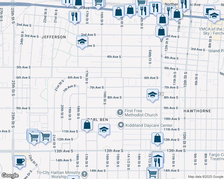 map of restaurants, bars, coffee shops, grocery stores, and more near 1530 7th Avenue South in Fargo