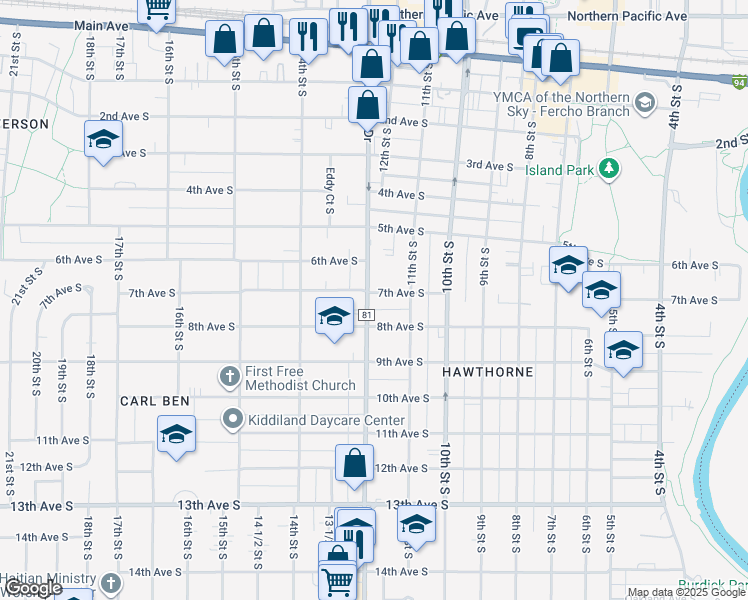 map of restaurants, bars, coffee shops, grocery stores, and more near 702 University Drive in Fargo