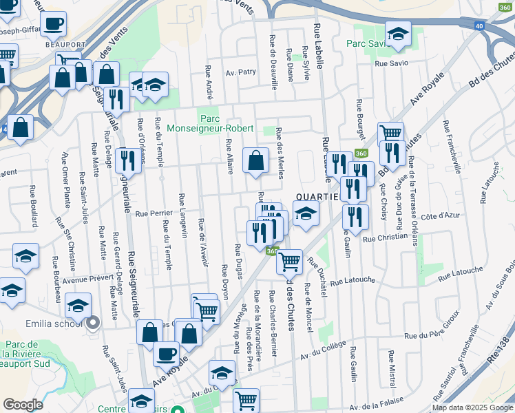 map of restaurants, bars, coffee shops, grocery stores, and more near 85 Rue Carmichaël in Québec