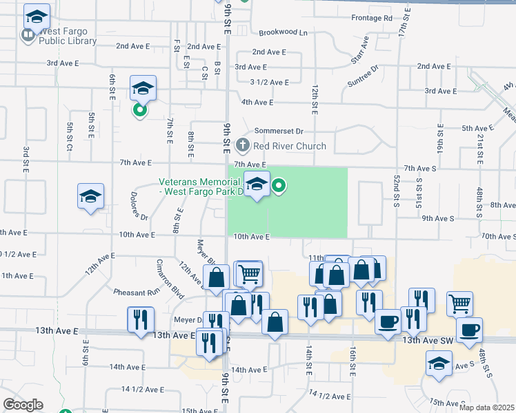 map of restaurants, bars, coffee shops, grocery stores, and more near 801 9th Street South in Fargo