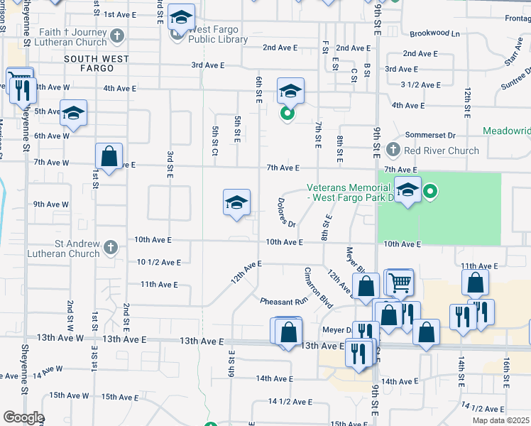map of restaurants, bars, coffee shops, grocery stores, and more near 907 6th Street East in West Fargo
