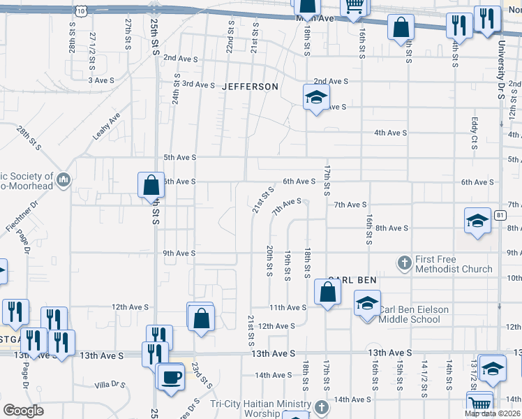 map of restaurants, bars, coffee shops, grocery stores, and more near 702 21st Street South in Fargo