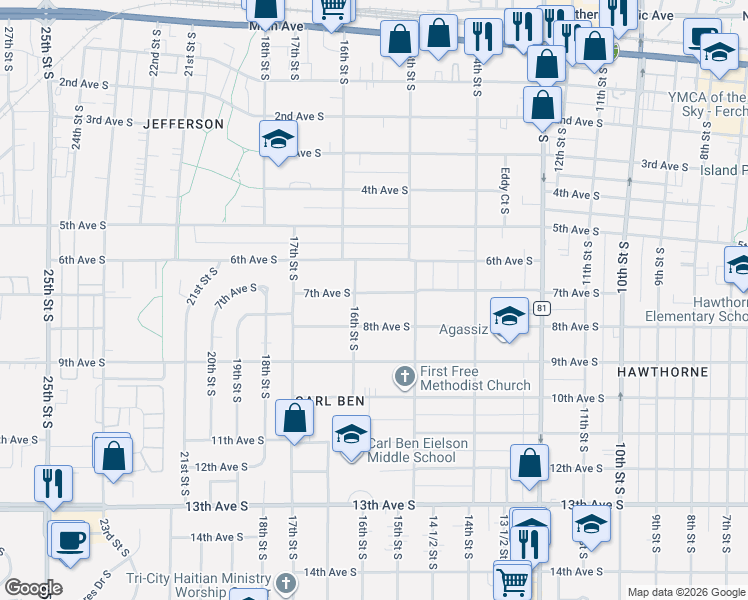 map of restaurants, bars, coffee shops, grocery stores, and more near 1530 7th Avenue South in Fargo