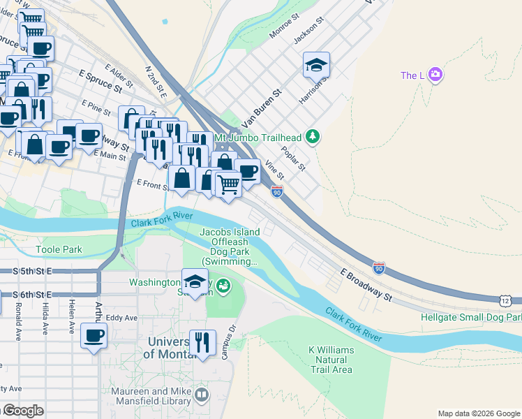 map of restaurants, bars, coffee shops, grocery stores, and more near in Missoula