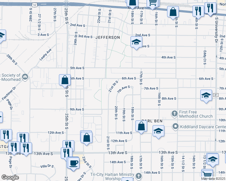 map of restaurants, bars, coffee shops, grocery stores, and more near 702 21st Street South in Fargo