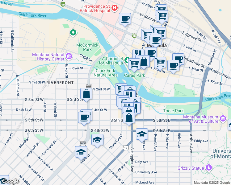 map of restaurants, bars, coffee shops, grocery stores, and more near 229 S 2nd St W in Missoula