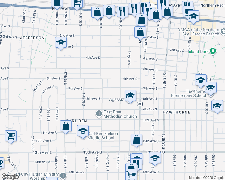 map of restaurants, bars, coffee shops, grocery stores, and more near 1420 7th Avenue South in Fargo