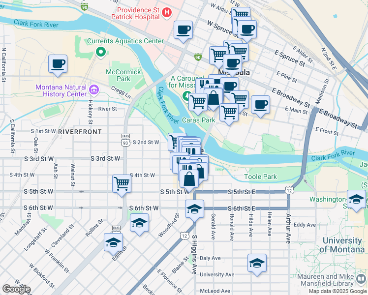 map of restaurants, bars, coffee shops, grocery stores, and more near 250 Station Drive in Missoula