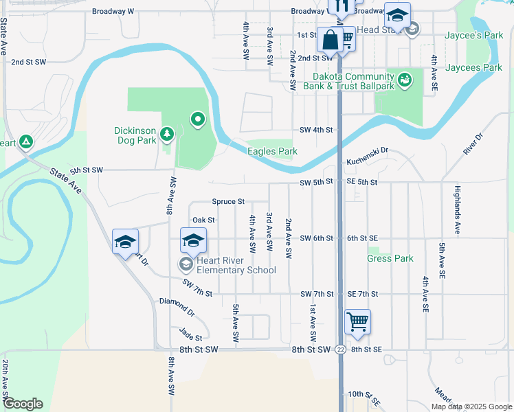 map of restaurants, bars, coffee shops, grocery stores, and more near 343 Spruce Street in Dickinson