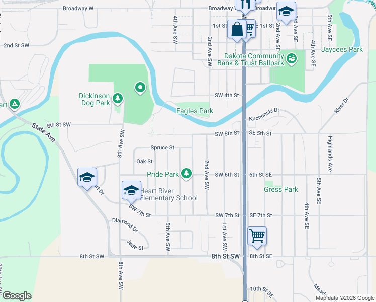 map of restaurants, bars, coffee shops, grocery stores, and more near 343 Spruce Street in Dickinson