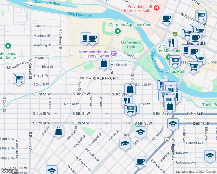 map of restaurants, bars, coffee shops, grocery stores, and more near 728 South 3rd Street West in Missoula