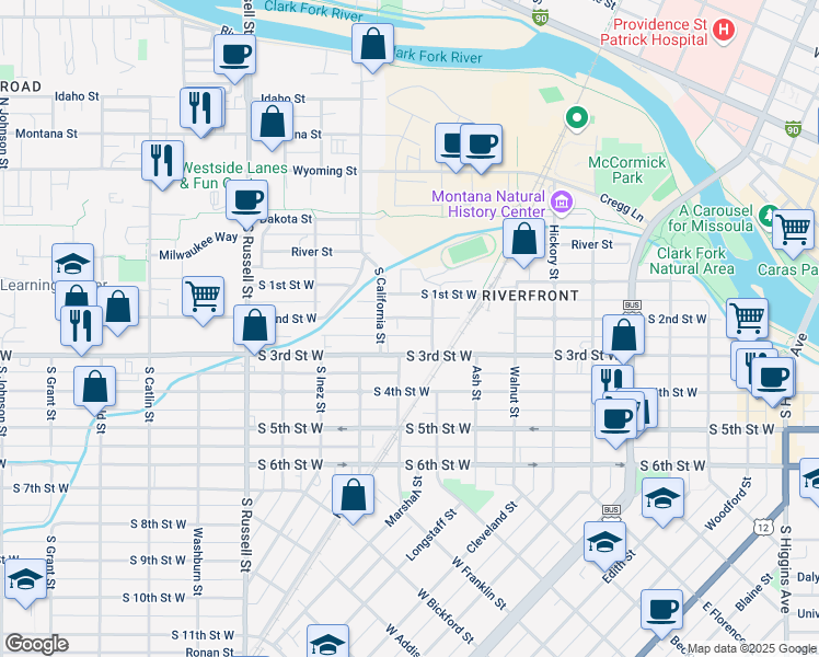 map of restaurants, bars, coffee shops, grocery stores, and more near 413 Oak Street in Missoula