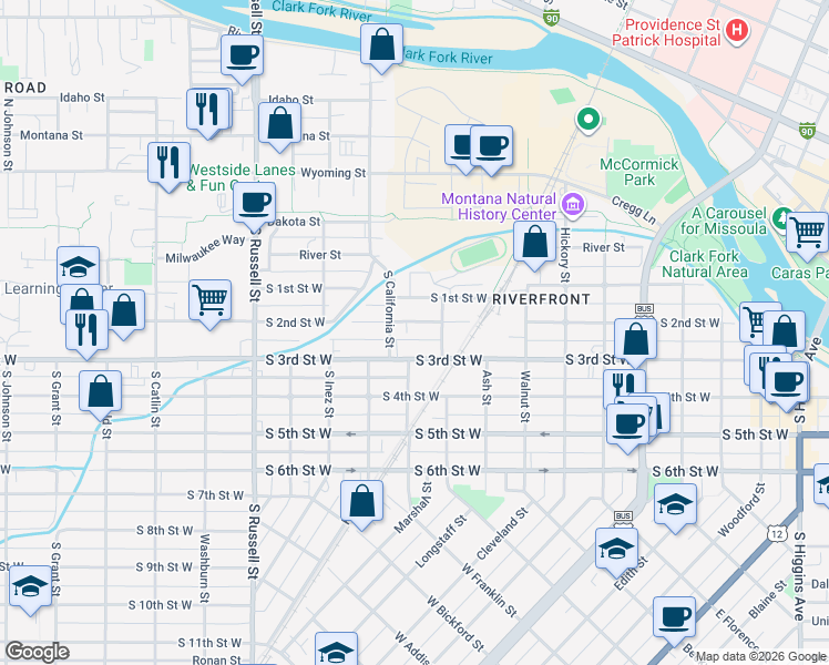 map of restaurants, bars, coffee shops, grocery stores, and more near 413 Oak Street in Missoula