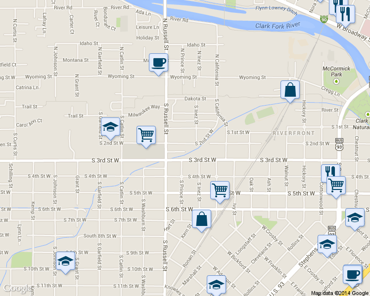 map of restaurants, bars, coffee shops, grocery stores, and more near 1309 South 2nd Street West in Missoula