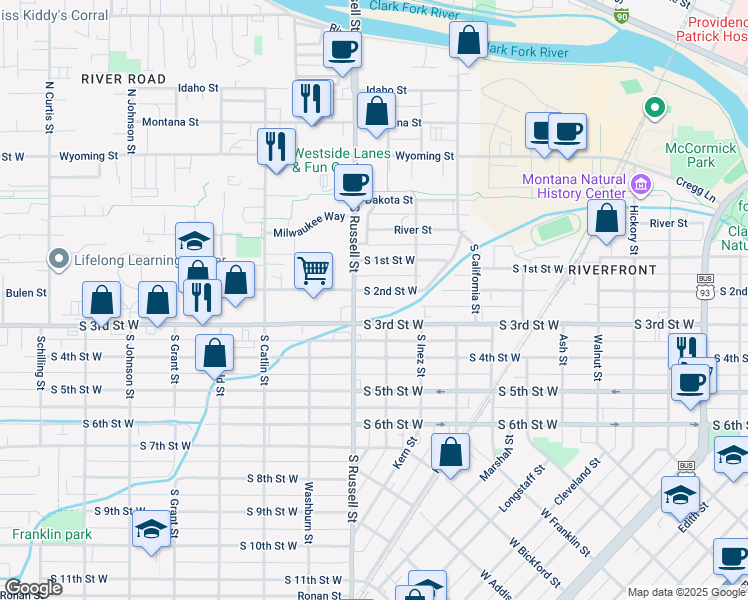 map of restaurants, bars, coffee shops, grocery stores, and more near 1417 South 2nd Street West in Missoula