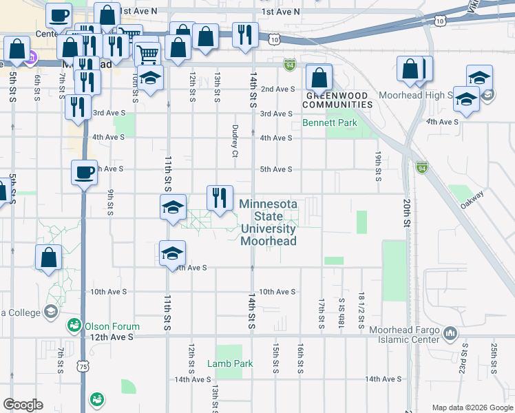 map of restaurants, bars, coffee shops, grocery stores, and more near in Moorhead