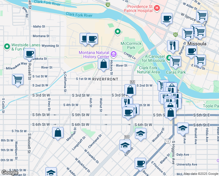map of restaurants, bars, coffee shops, grocery stores, and more near 701 South 2nd Street West in Missoula