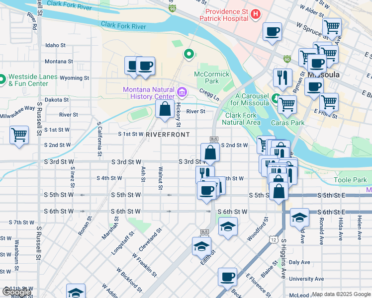 map of restaurants, bars, coffee shops, grocery stores, and more near 625 South 2nd Street West in Missoula