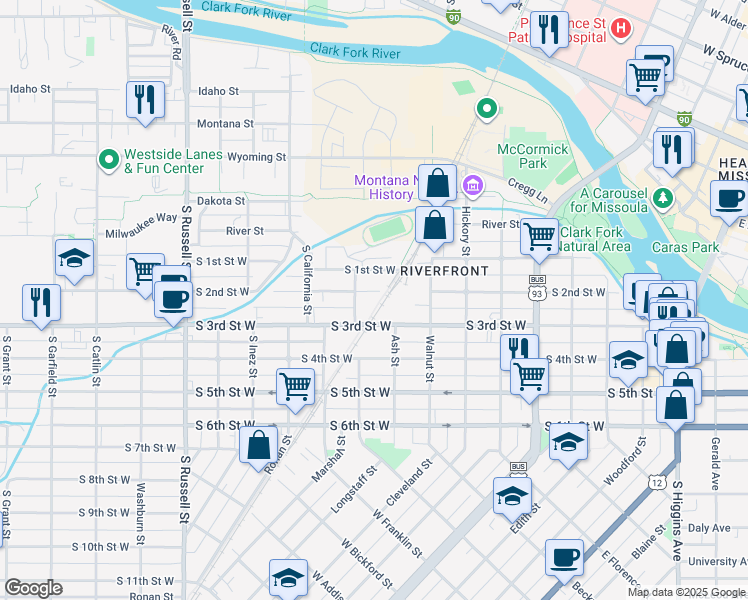 map of restaurants, bars, coffee shops, grocery stores, and more near Bitterroot Branch in Missoula
