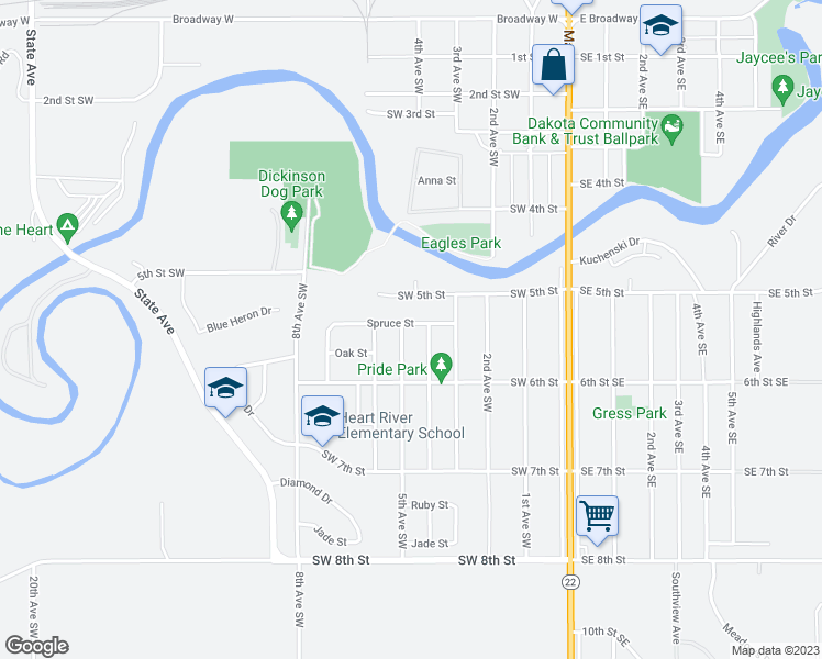 map of restaurants, bars, coffee shops, grocery stores, and more near 451 Spruce Street in Dickinson