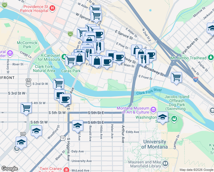 map of restaurants, bars, coffee shops, grocery stores, and more near 320 Kiwanis Street in Missoula