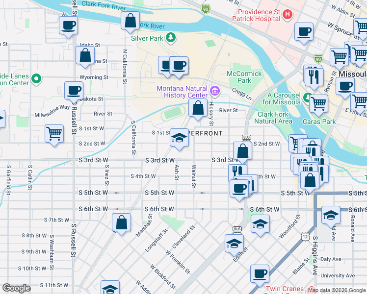 map of restaurants, bars, coffee shops, grocery stores, and more near 800 South 3rd Street West in Missoula