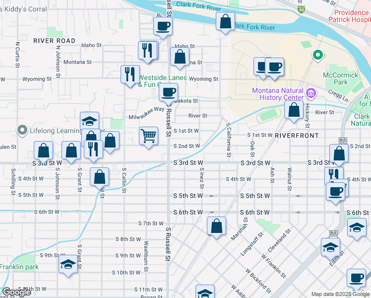 map of restaurants, bars, coffee shops, grocery stores, and more near 1309 South 2nd Street West in Missoula