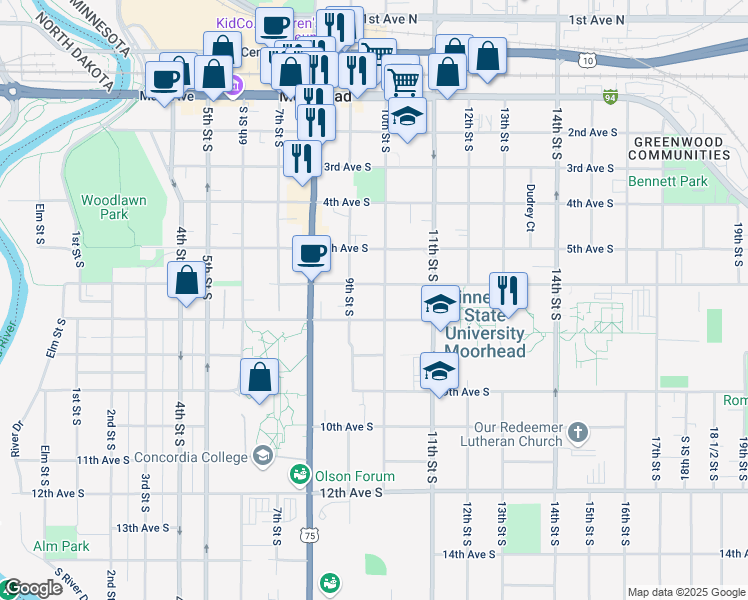 map of restaurants, bars, coffee shops, grocery stores, and more near 619 10th Street South in Moorhead