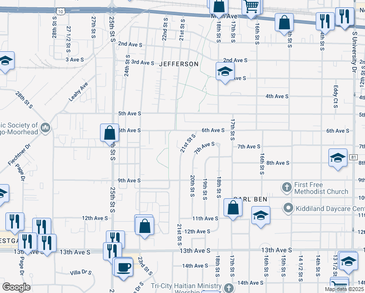 map of restaurants, bars, coffee shops, grocery stores, and more near 702 21st Street South in Fargo