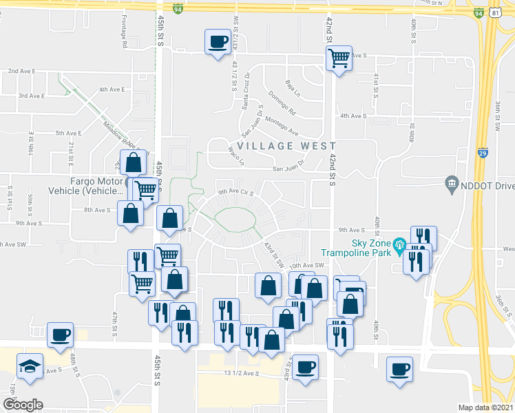 map of restaurants, bars, coffee shops, grocery stores, and more near 4234 9th Avenue Circle South in Fargo