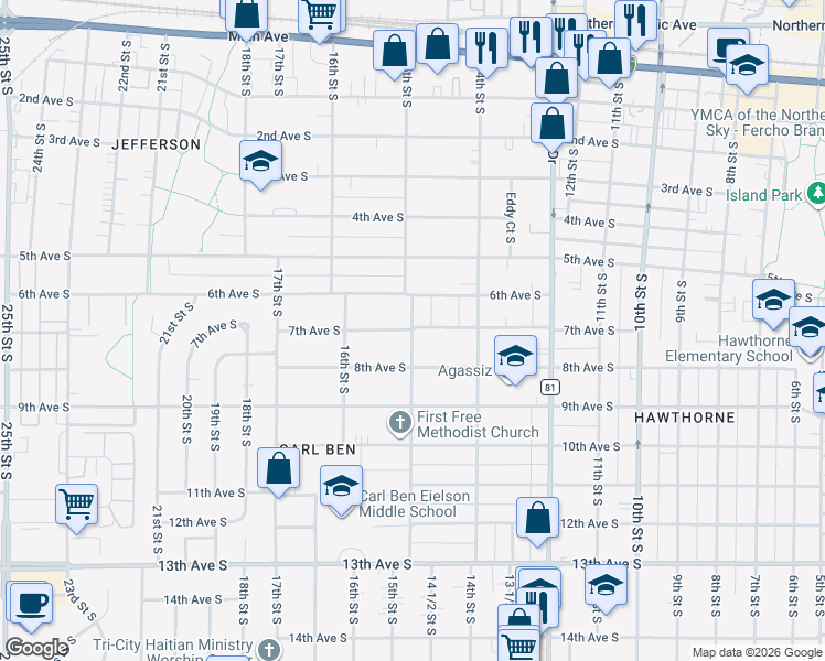 map of restaurants, bars, coffee shops, grocery stores, and more near 701 15th Street South in Fargo