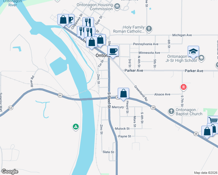 map of restaurants, bars, coffee shops, grocery stores, and more near 208 Gold St in Ontonagon