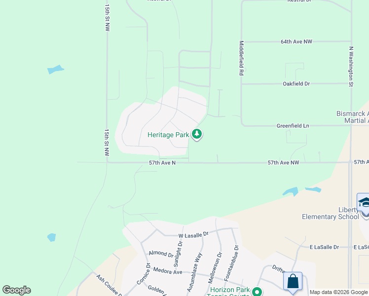 map of restaurants, bars, coffee shops, grocery stores, and more near 1427 Community Loop in Bismarck