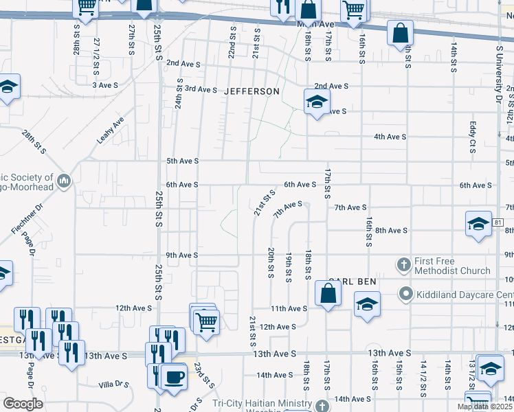 map of restaurants, bars, coffee shops, grocery stores, and more near 702 21st Street South in Fargo