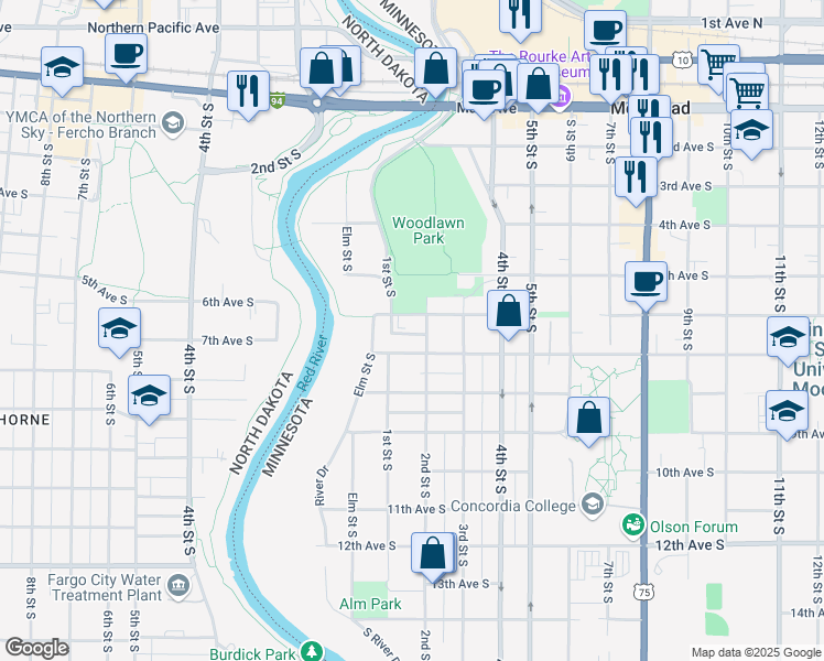 map of restaurants, bars, coffee shops, grocery stores, and more near 121 6th Avenue South in Moorhead