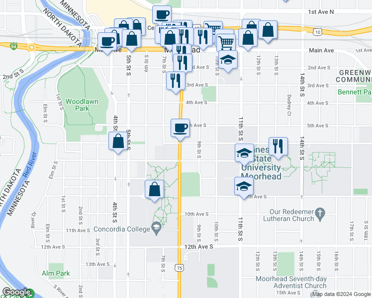 map of restaurants, bars, coffee shops, grocery stores, and more near 624 8th Street South in Moorhead