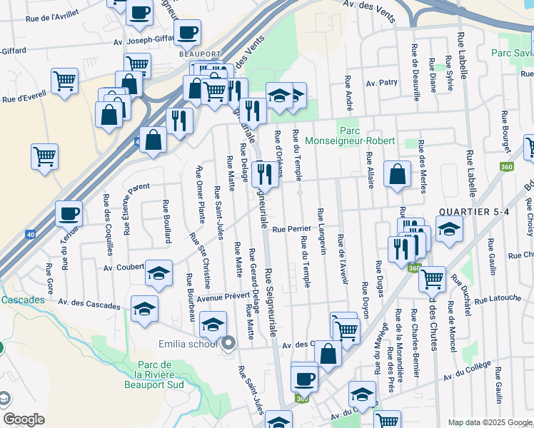 map of restaurants, bars, coffee shops, grocery stores, and more near 154 Rue Seigneuriale in Québec