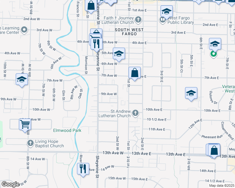 map of restaurants, bars, coffee shops, grocery stores, and more near 900 2nd Street West in West Fargo