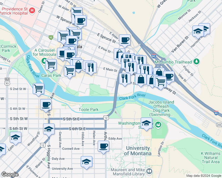 map of restaurants, bars, coffee shops, grocery stores, and more near 521 Hartman Street in Missoula