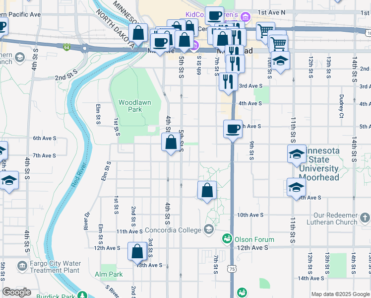 map of restaurants, bars, coffee shops, grocery stores, and more near 606 5th Street South in Moorhead