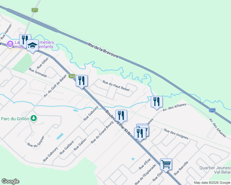 map of restaurants, bars, coffee shops, grocery stores, and more near 1478 Rue Hergé in Québec