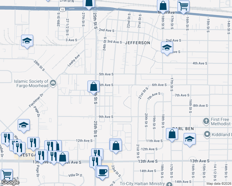 map of restaurants, bars, coffee shops, grocery stores, and more near 618 23rd Street South in Fargo